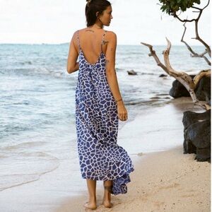 Anthro XiX Palms Navy Blue & Cream Open Back OG Maxi Dress Namibia Print Small